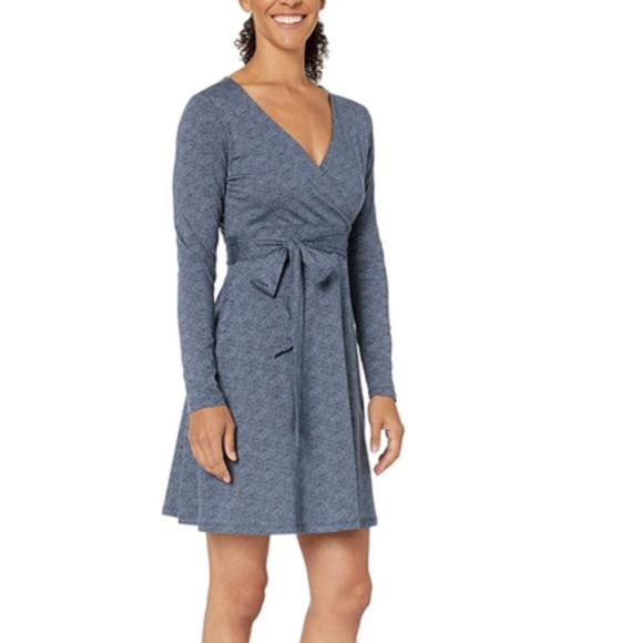 Toad&Co Organic Cotton cue wrap dress true Navy herringbone print, sz L, - Picture 3 of 16